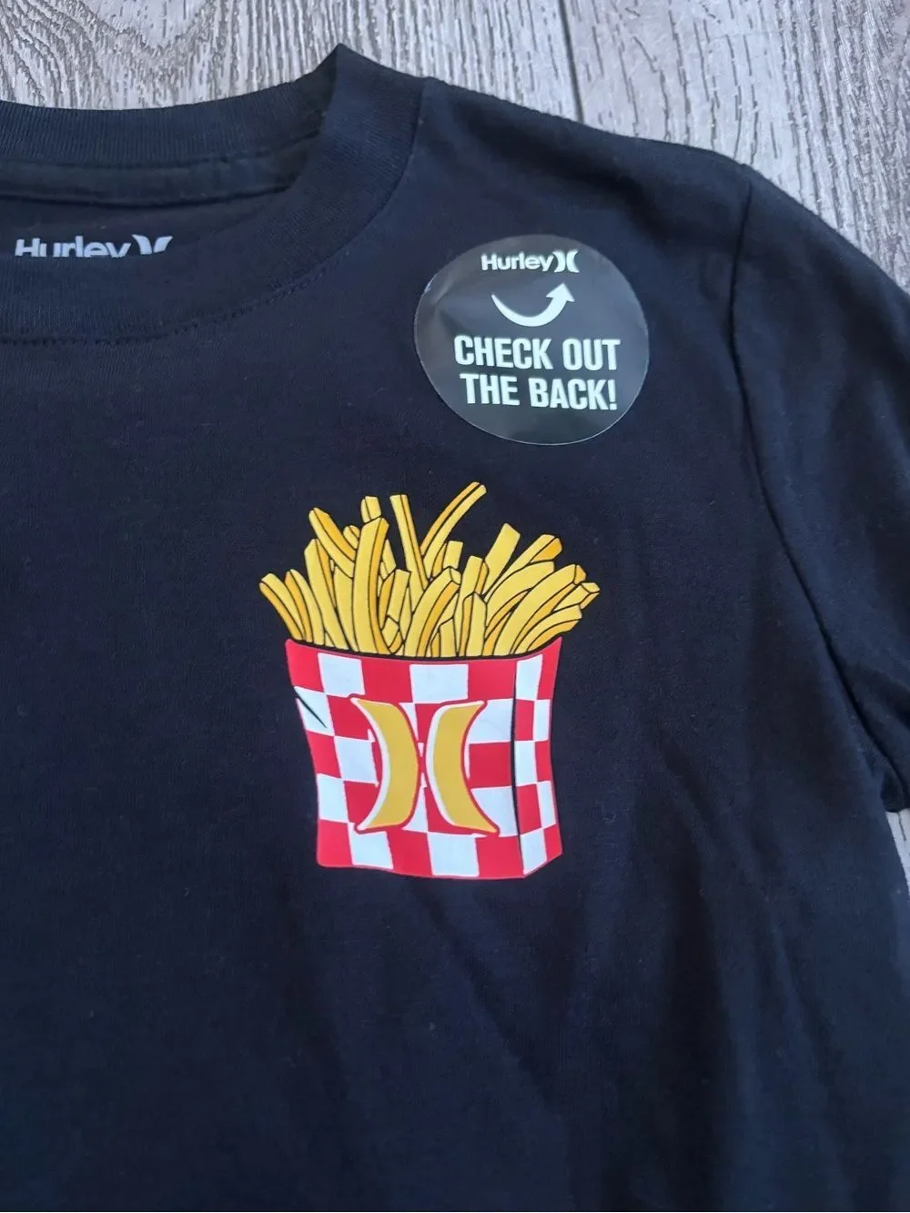 Hurley Kids Black Long-Sleeve Graphic Tee with Yellow Fries Pocket